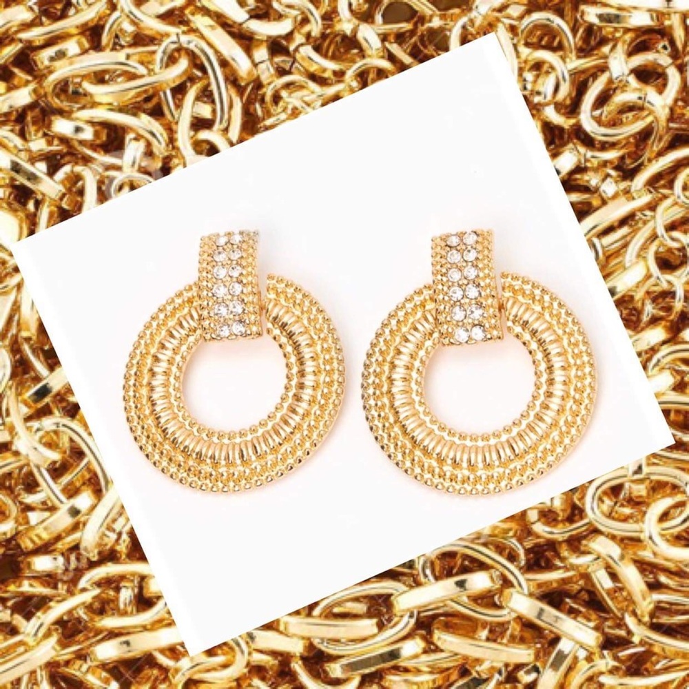 Gold Rhinestone Doorknocker Statement Post Earring